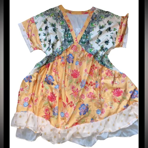 Boho Patchwork Floral Prairie Dress L Cottagecore Babydoll Ruffle Hem Pockets - Image 2