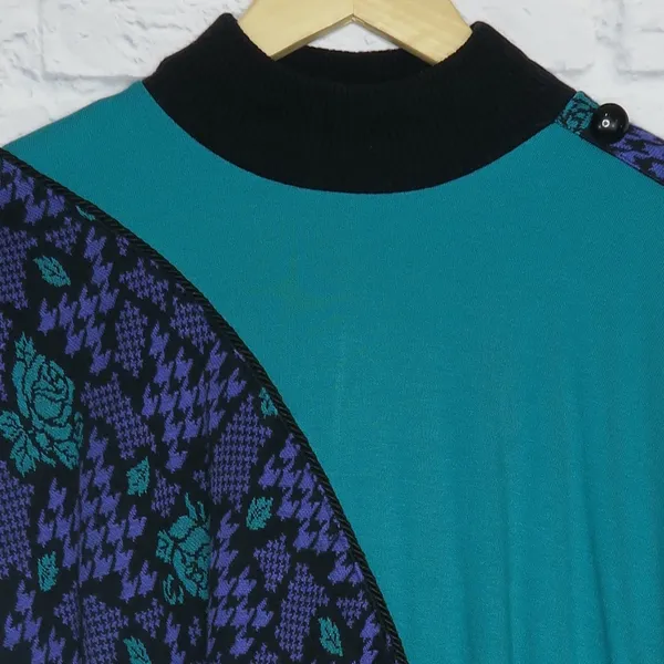 Vintage 80s Purple & Teal Houndstooth Rose Sweater - Image 7