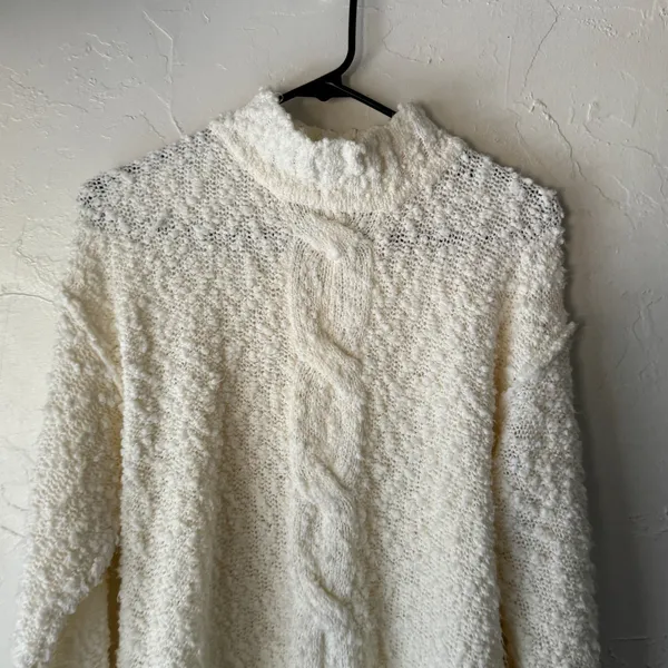 Joan Harper Cream Cable Knit Mock Neck Sweater‎ Pullover Medium Popcorn White - Image 2