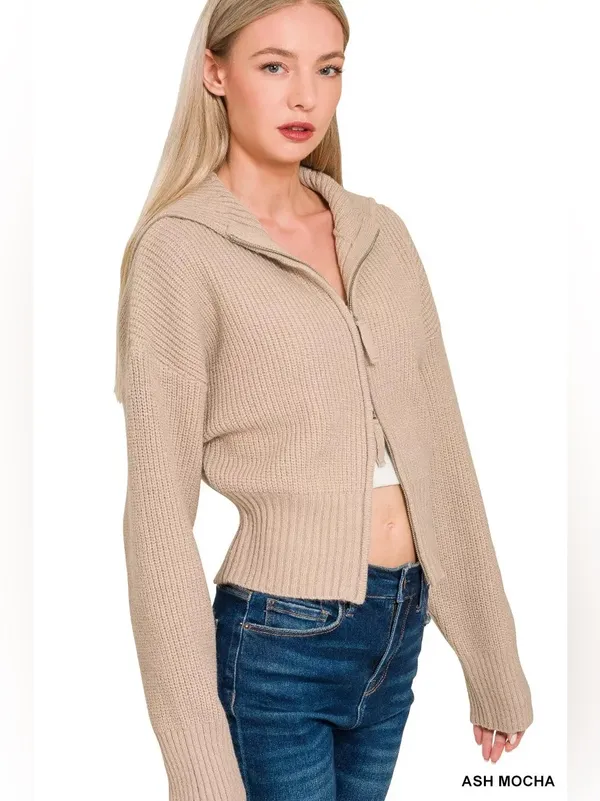 Zenana Beige Ribbed Knit Two Way Zip Up Sweater Jacket Oversized Collar Cardigan - Image 4