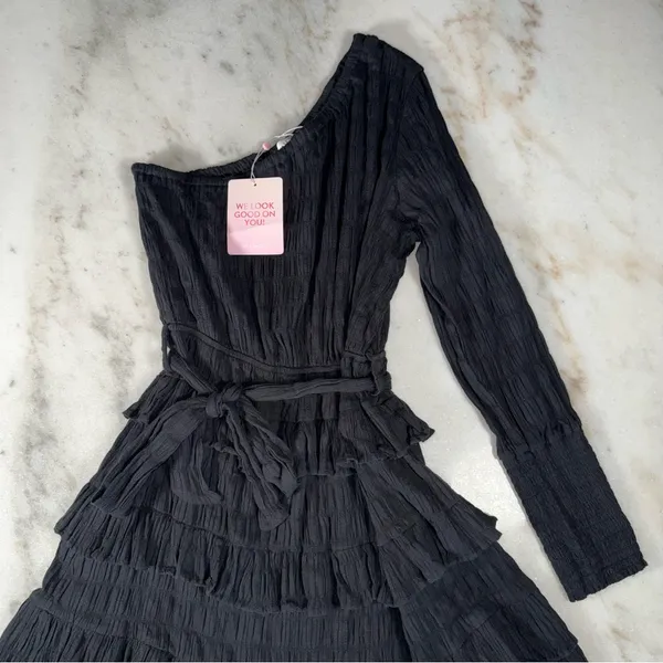 Hello Molly Dance The Night Away Black One-Shoulder Ruffle Mini Dress 8 New NWT - Image 6