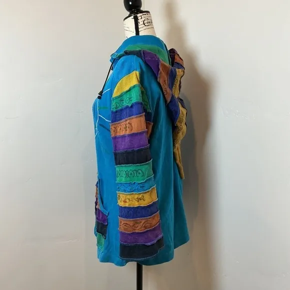 Agan Traders Patchwork Hoodie Women XL Blue Boho Sunburst Pixie Zip Up Excellent - Image 3