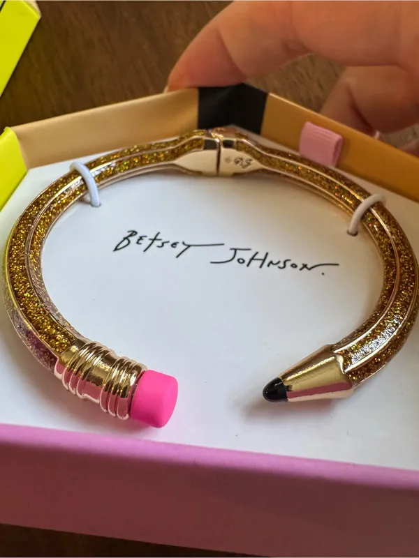 Betsey Johnson Sparkle Glitter Pencil Hinged Bangle Bracelet $58 Retail NIB - Image 2