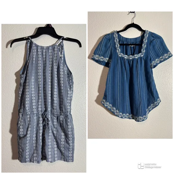 Madewell Size XS Embroidered Blue Chambray Square Neck Top & Sleeveless Romper - Image 2