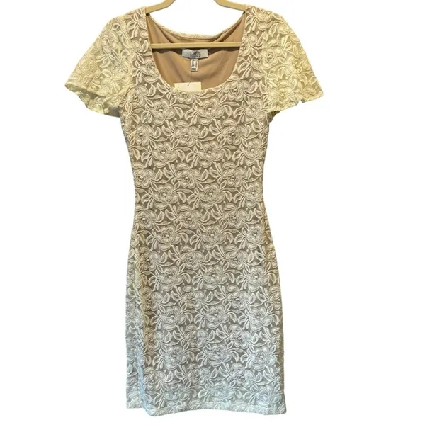 NWT‎ Belle Badgley Mischka Lace Floral Sequin Stretch Mini Dress White Nude - Image 3
