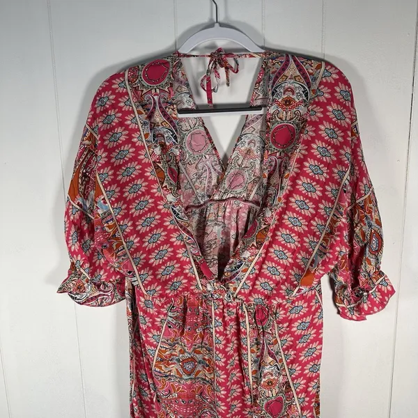 Elings Women’s XL Pink Boho Paisley Print V Neck Mini Dress - Image 2