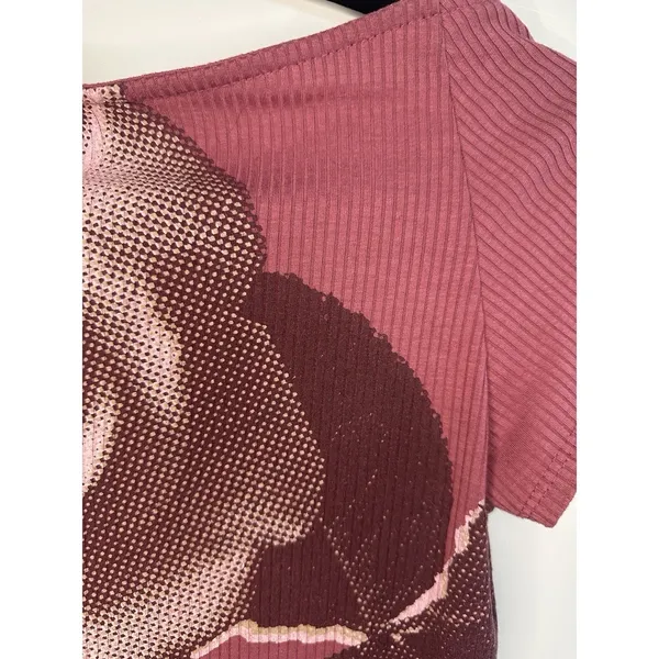 UO Nadia Rose Print Low Open Back Top M Pink Mauve Ribbed Knit ASO Bel-Air Amira - Image 6