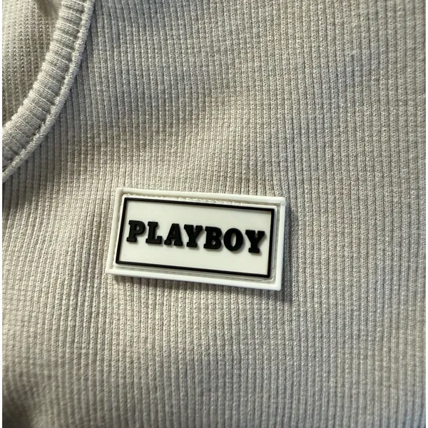 Playboy x Missguided Top Size 10 Heather Gray Long Sleeve Ribbed Crop Top Y2K - Image 4