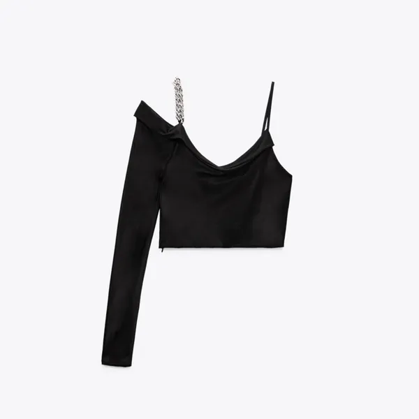 NWT Zara Woman Satin Effect Asymmetric Chain Top Black Top Size M Blogger Fave - Image 6