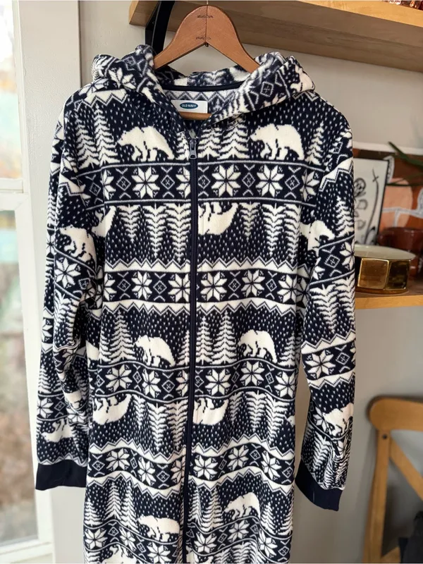 Old Navy Navy White Fleece Hooded Polar Bear Winter Print Pajamas Onesie Large - Image 3