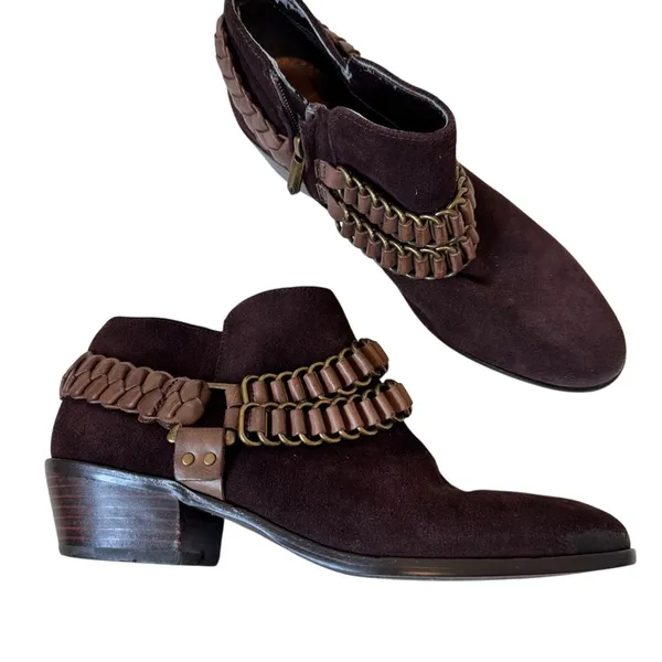 Sam Edelman Brown Suede Ankle Boots Womens 7.5 Booties Western Braided Fall - Image 2