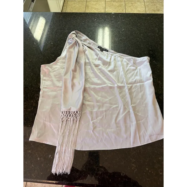 Boston Proper charmeuse‎ fringe one shoulder blouse Silver Shirt Boho Top Zip - Image 7