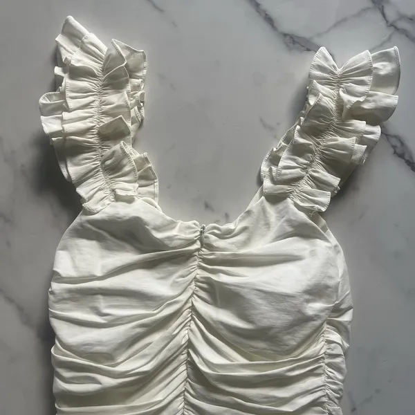Zara Ruffle Strap Ruched Linen Blend Dress Off White Cream Medium Coastal - Image 8