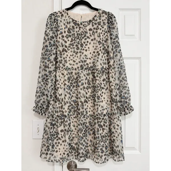 LOFT Leopard Print Metallic Chiffon Tiered Mini Dress Puff Sleeve NWT M - Image 2
