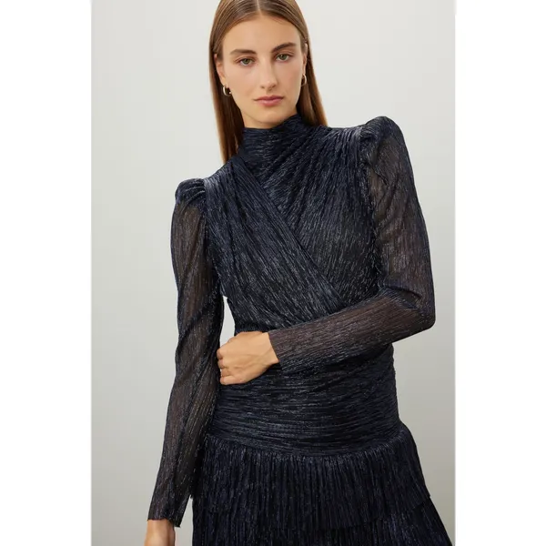 Sabina Musayev Brenda Navy Blue Metallic Long Sleeve Mock Neck Mini Dress Small - Image 6