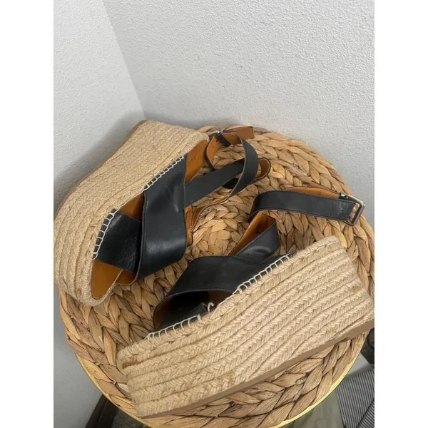 Alohas Sandals Vegas Platform Espadrilles Sandal Black Wedge Leather Jute Strap - Image 5