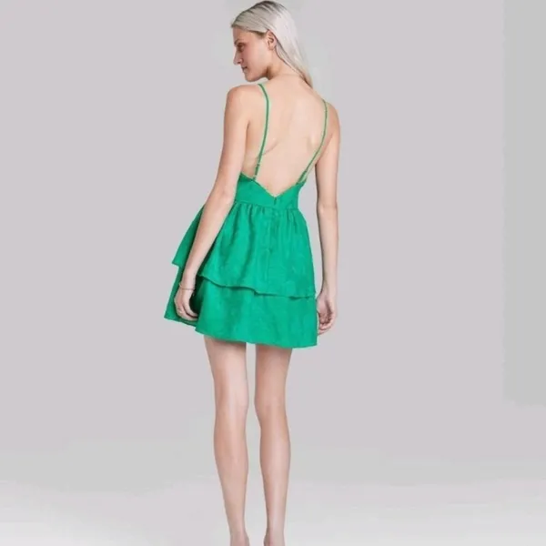 Wild Fable Emerald Green Floral Jacquard Tiered Mini Dress XS NWT Low Back‎ - Image 10