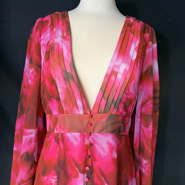 F&P Pink Floral‎ Midi Dress Women's Large NWT Long Sleeve V-Neck - Image 5