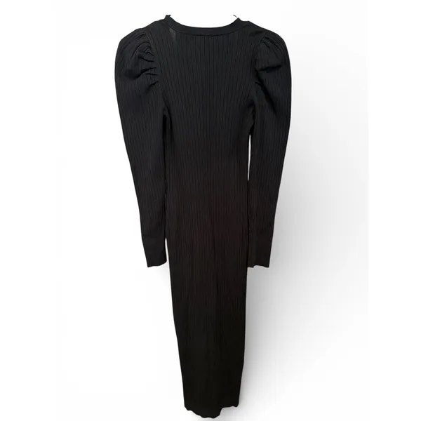 Express‎ Womens Black Ribbed Knit Puff Shoulder Gold Button Midi Dress Small - Image 3