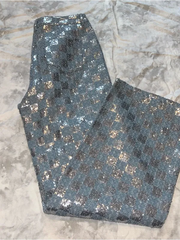 Line & Dot Blue Checkered Sequin Wide-Leg Pants - Image 7