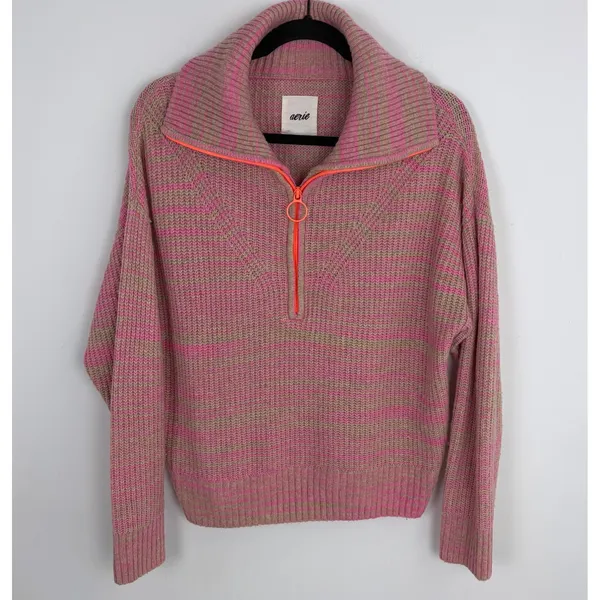 Aerie Quarter Zip Sweater Lip Gloss Oversized Preppy Pullover‎ Pink Size XS - Image 2