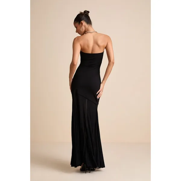 Lulus Elaris Black Mixed Media Strapless Maxi Dress Formal Evening Minimalist XL - Image 2