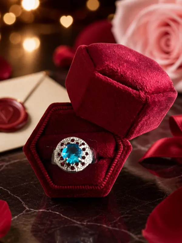 Stainless Steel Silver Blue Topaz Halo Ring with Accent Stones Size 8 - Image 3