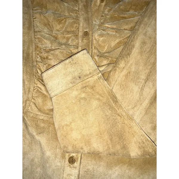 Vintage Margaret Godfrey Suede Ruched Button Up Shirt Large Tan - Image 8