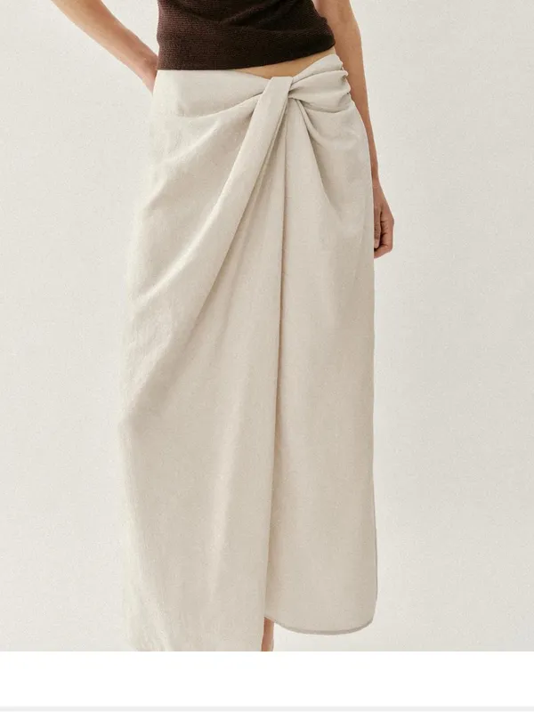 Zara NWT cream beige Draped twist front ruched Midi pareo Skirt - Image 6