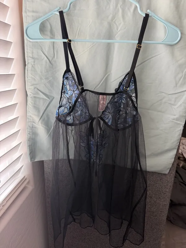 Victoria's Secret Black & Blue Floral Sheer Babydoll Lingerie - Image 5
