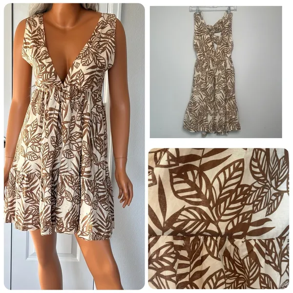 House of Harlow 1960 Linen Boho Dress XS Open Back Tie‎ Floral Pockets Coastal - Image 2