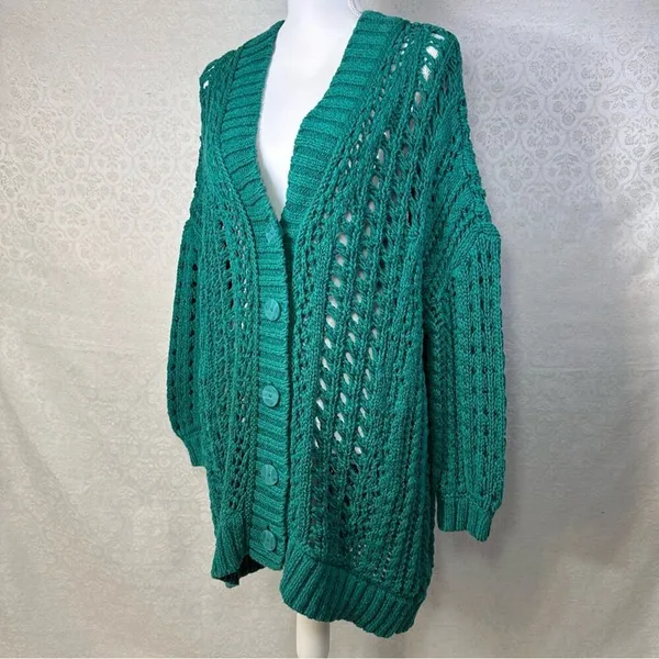 Maeve Anthropologie Teal Open Stitch Oversized Long Cardigan Sweater Small - Image 10