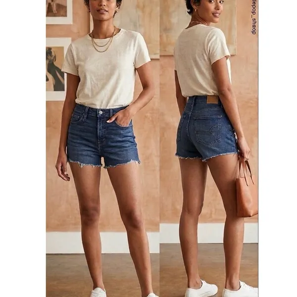 American Eagle Medium Wash Denim Shorts Raw Hem Mid Rise Jean Shorts 6 - Image 2