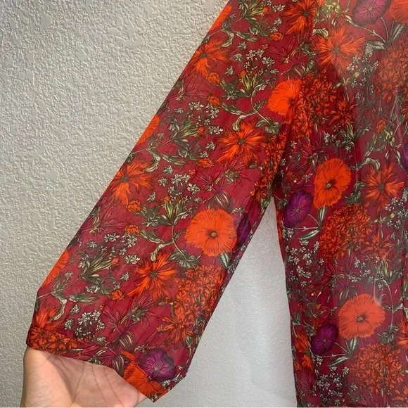 Fred David Women's XL Red Floral Sheer 3/4 sleeves Blouse Dainty Lace‎ Neckline - Image 4