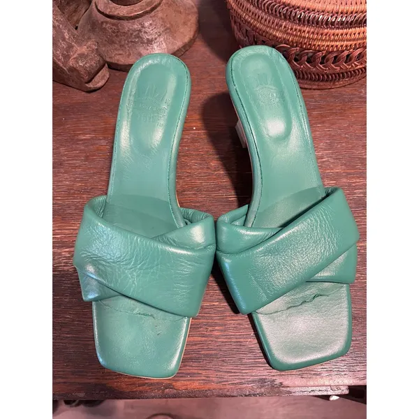 DNA Footwear Green Crossover Strap Square Toe Leather Mules Wooden Heel 39 8.5 - Image 3