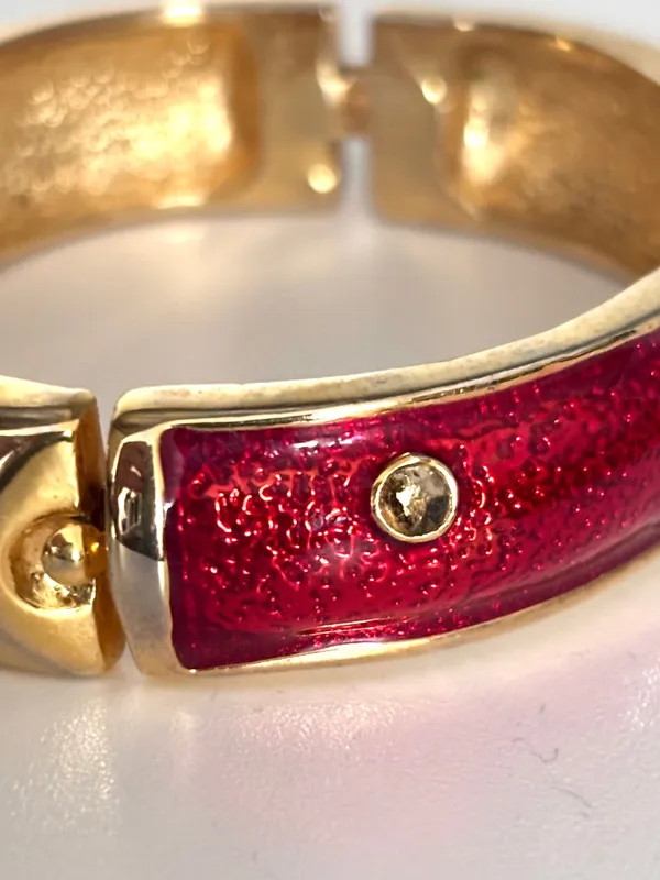 Vintage Red Enamel Hinge Bangle Bracelet Gold Tone Rhinestone Accent - Image 8
