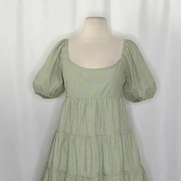 NIA Silvana Green White‎ Gingham Babydoll Dress Tiered Mini Summer Puff Medium - Image 3