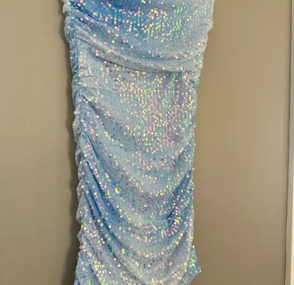 Windsor Light Blue Sequin Mesh Strapless Ruched Bodycon Mini Dress Size M - Image 3