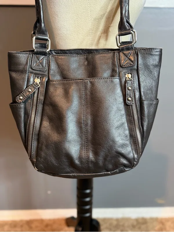 Black Genuine Leather Shoulder Bag Slouchy Tote Minimalist Everyday Purse - Image 4