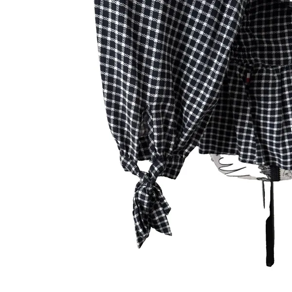 Tommy Hilfiger Womens Navy White Plaid Smocked Peplum Blouse Size L Tie Cuff Top - Image 6