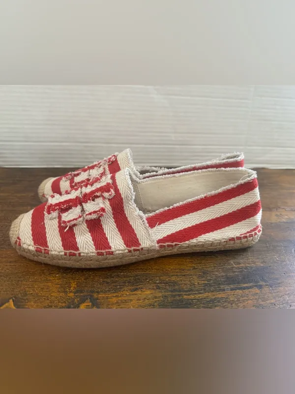 Tory Burch Fray Stripe Espadrille Flats Red White Canvas Logo Slip On Shoes 8.5 - Image 4