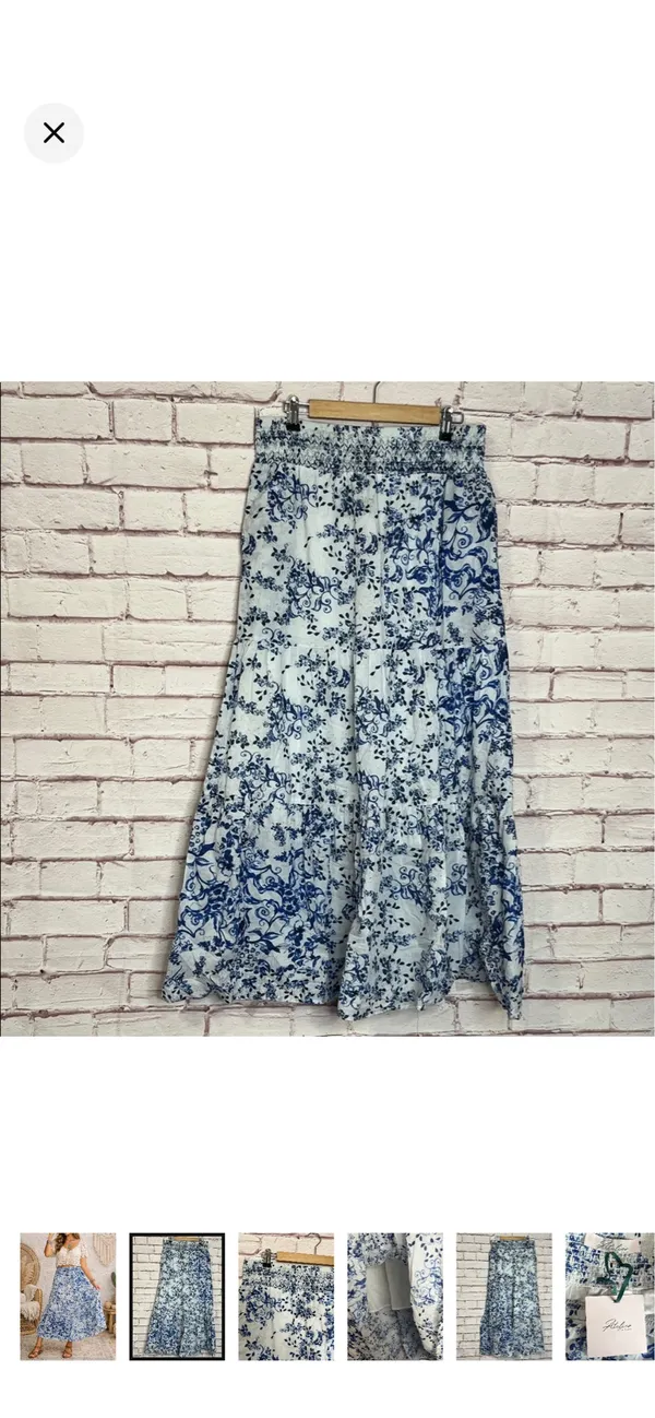Atelier New York 100% Cotton Tiered Maxi Skirt Blue Floral Size 10 NWT. Stretchy smocked waist. Lined to knee. Flowy boho design. 16-19” waist 41” long - Image 2
