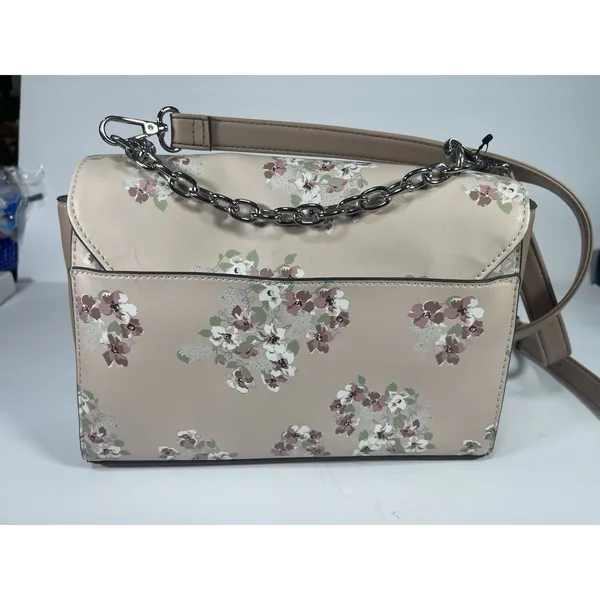 Nine West Beige Floral Crossbody Bag Chain Accents Snap Closure Detachable Str - Image 4