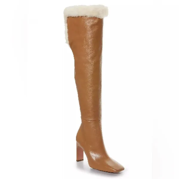 BCBGMAXAZRIA‎ Tan Leather Over The Knee Boot Faux Fur High Block Heel Size 7 - Image 3