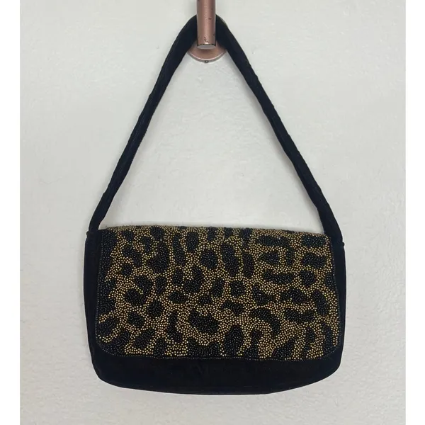 a new day Black and Gold Beaded Leopard Print Shoulder Bag Velvet Purse - Image 3