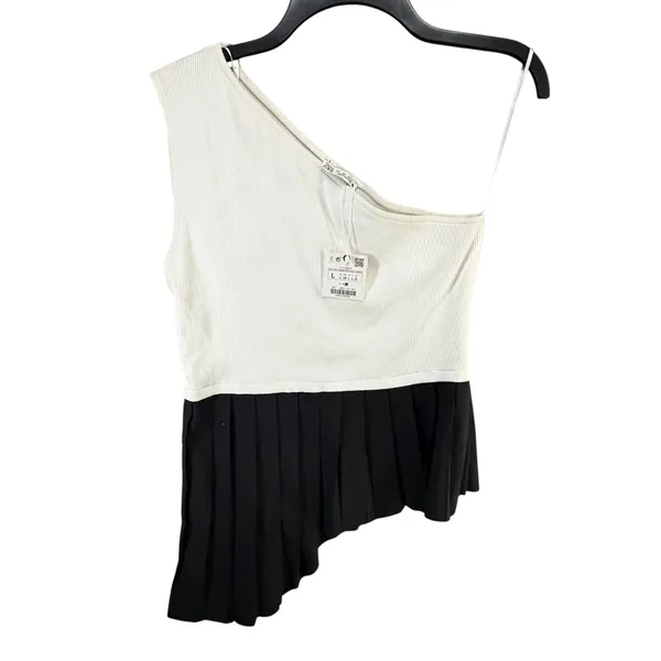 Zara One‎ Shoulder Top Womens L White Black Contrasting Pleated Hem Asymmetrical - Image 2