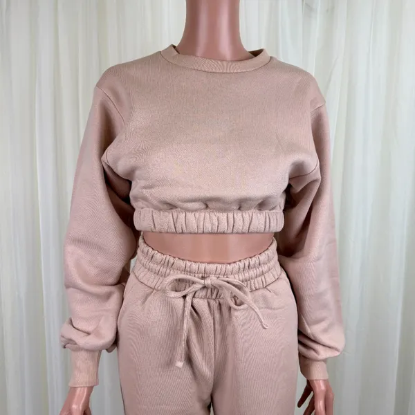 Zenana 2 Pcs Crop Sweatshirt Tracksuit Jogger Pants Set Outfit Active Loungewear Pale Peach Size Large - Image 6