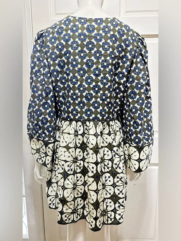 Tuckernuck 100%Cotton Boho Olive & Blue Floral Print Pleated Dress Size Large - Image 7