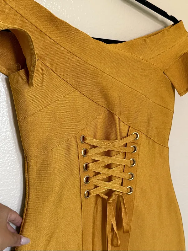 Mustard Bandage Dress S Corset Lace Up Bodycon Y2K Baddie Fall Mini - Image 4