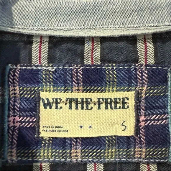 Free People Patchwork Argyle Plaid Oversized Blue Combo Chambray Shirt Small New - Image 7